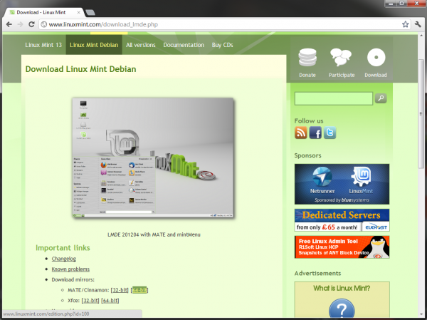 Download do Linux Mint Debian Edition. Pagina de download do LMDE
