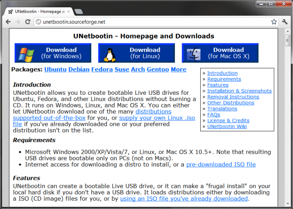 Download do Unetbootin, gerador de pendrive de boot. Pagina de download do Unetbootin